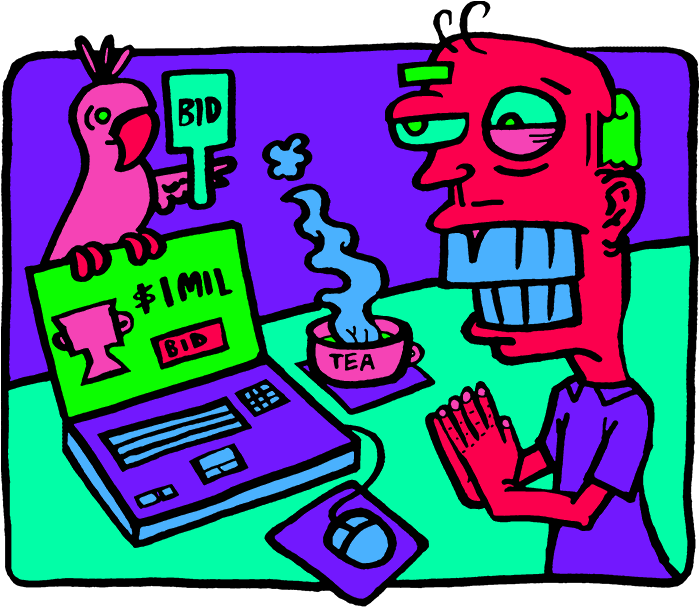 An illustration of man bidding on his computer with the help of a pet bird.