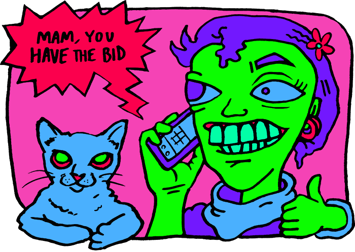 An illustration depicting a woman bidding by phone in the company of her cat. A speech bubble coming from the phone says, 'Mam, you have the bid'
