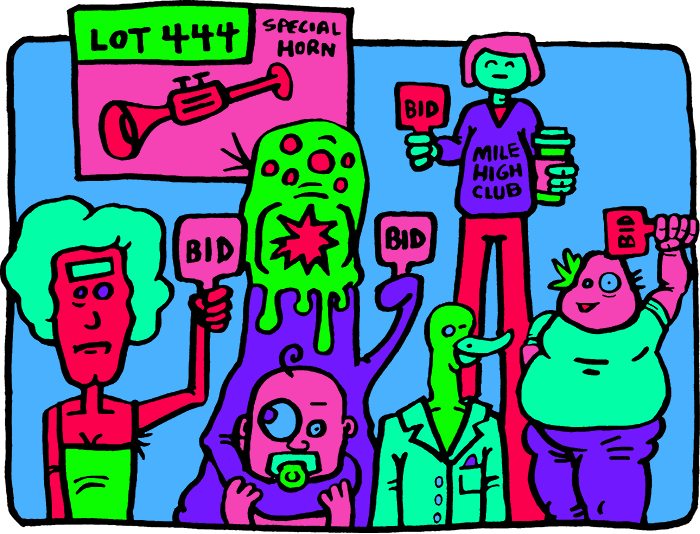 An illustration depicting a group of cartoon characters from various walks of life bidding on a special horn
